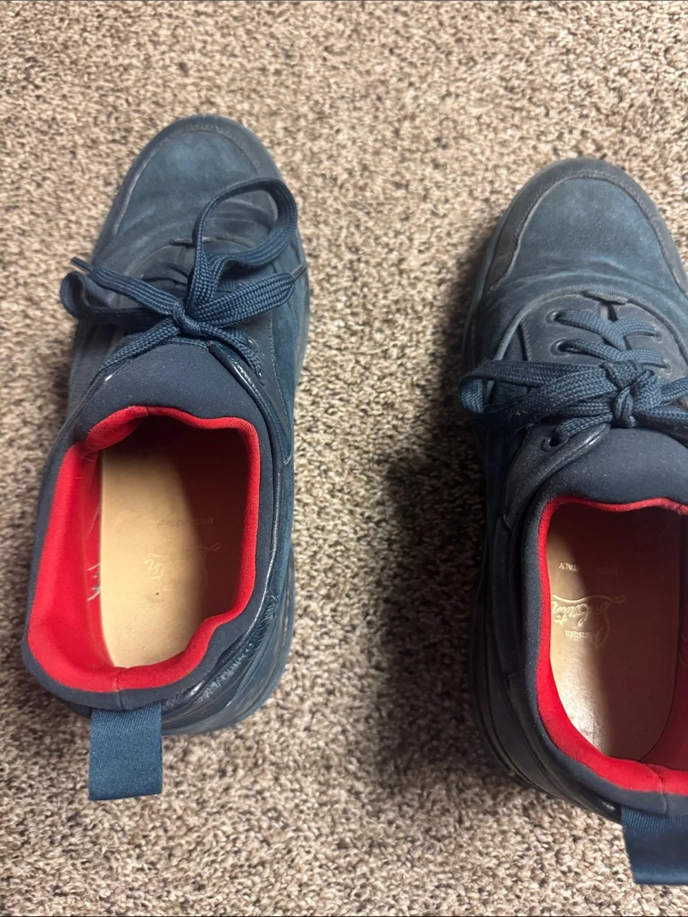 Men's Louboutins Navy Suede Low-Top Sneakers with Red Lining
